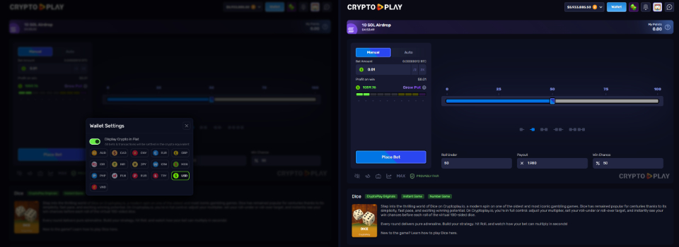 CryptoPlay.io Fiat View Mode for bankroll management