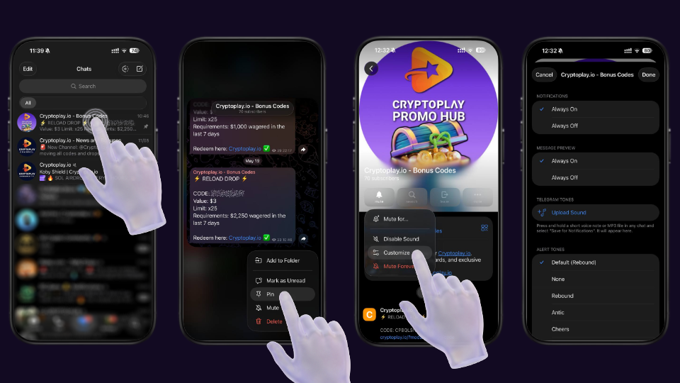 How to pin CryptoPlay Telegram channel and turn on custom notifications